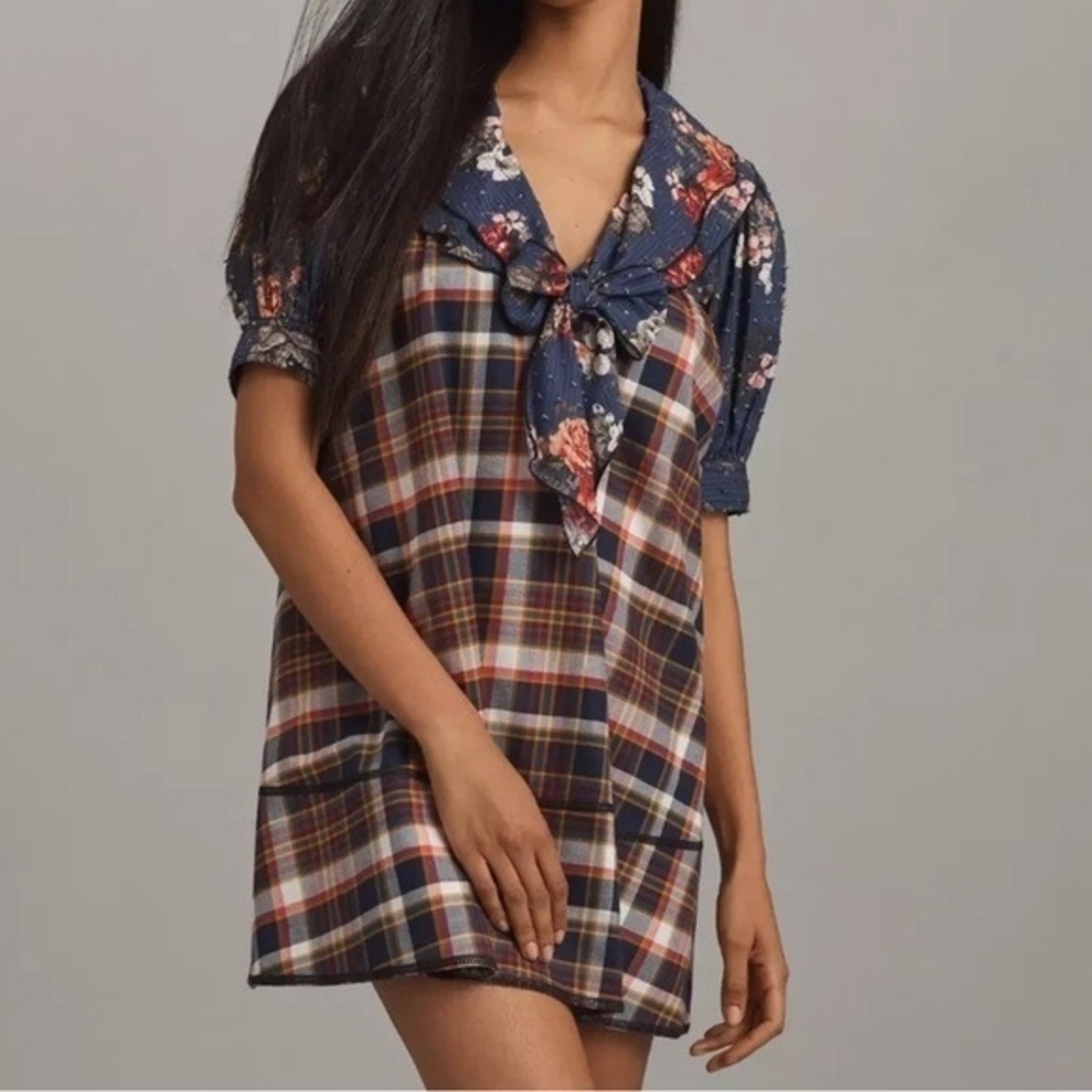 Anthropologie Plaid Mini Dress with Blue Floral Neck Tie